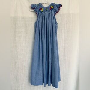 Silly Goose Blue Gingham Smocked Dress with Colorful Sailing/Beach Embroidery